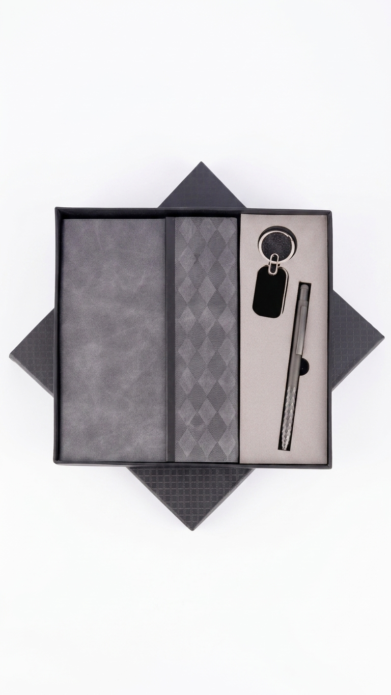 CGS-2523 Premium Grey 3-in-1 Corporate Gift Set (Notebook + Pen + Keychain) with Custom Branding