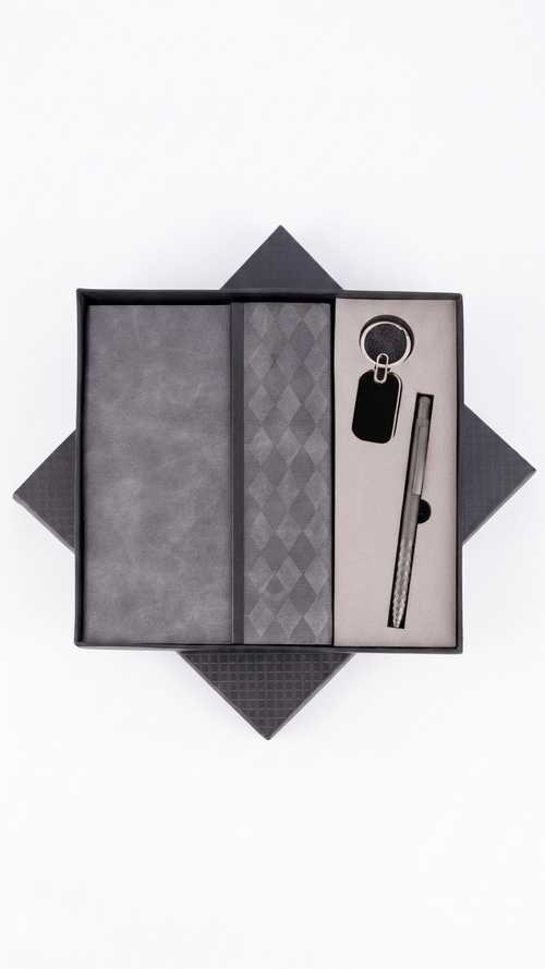 CGS-2523 Premium Grey 3-in-1 Corporate Gift Set (Notebook + Pen + Keychain) with Custom Branding