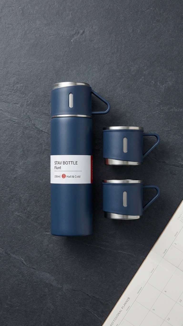 Vacuum Flask Gift Set with 3 Stainless Steel Cups