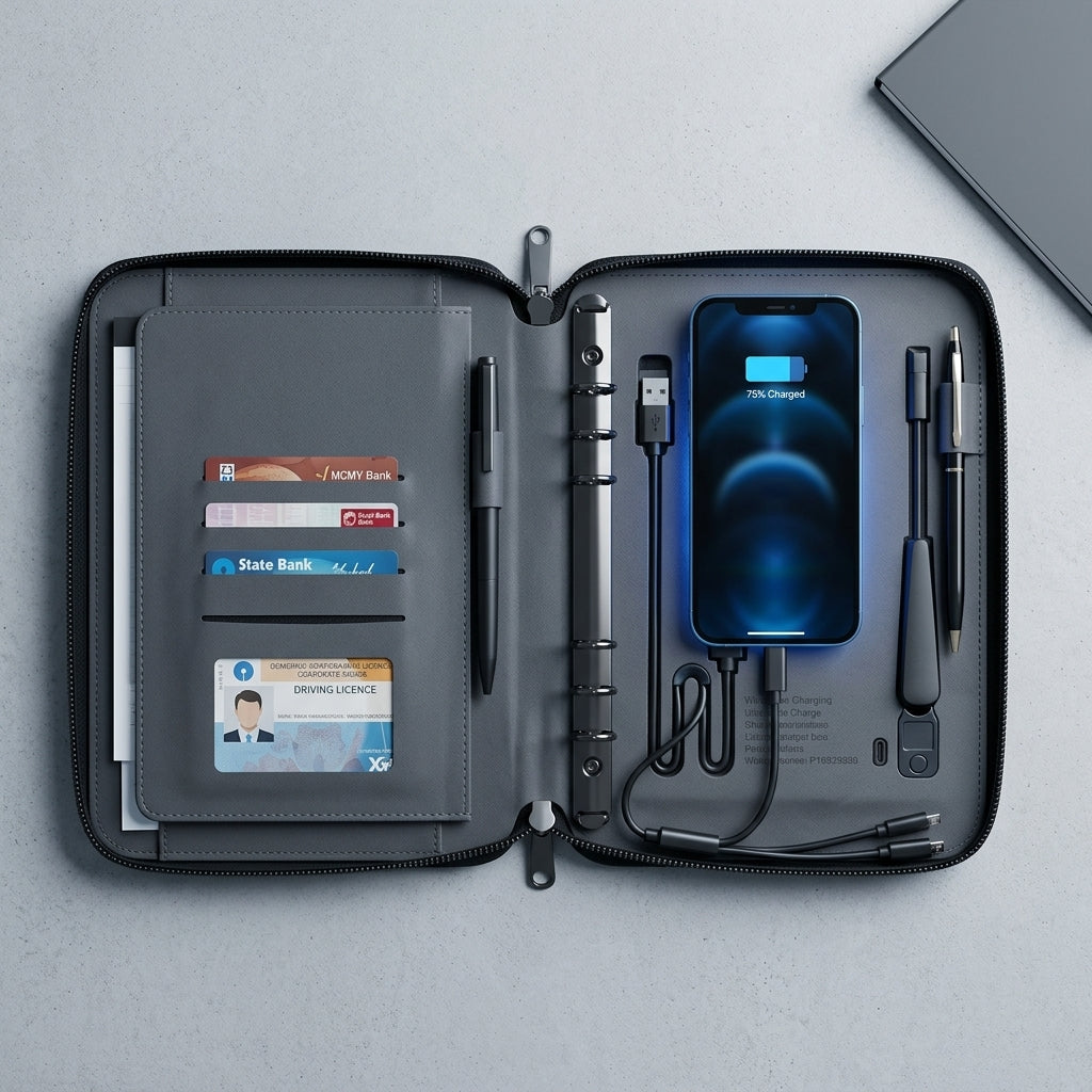 GGP14A - Luxury 10000mAh Wireless Charging Zip Folder with LED Logo Branding