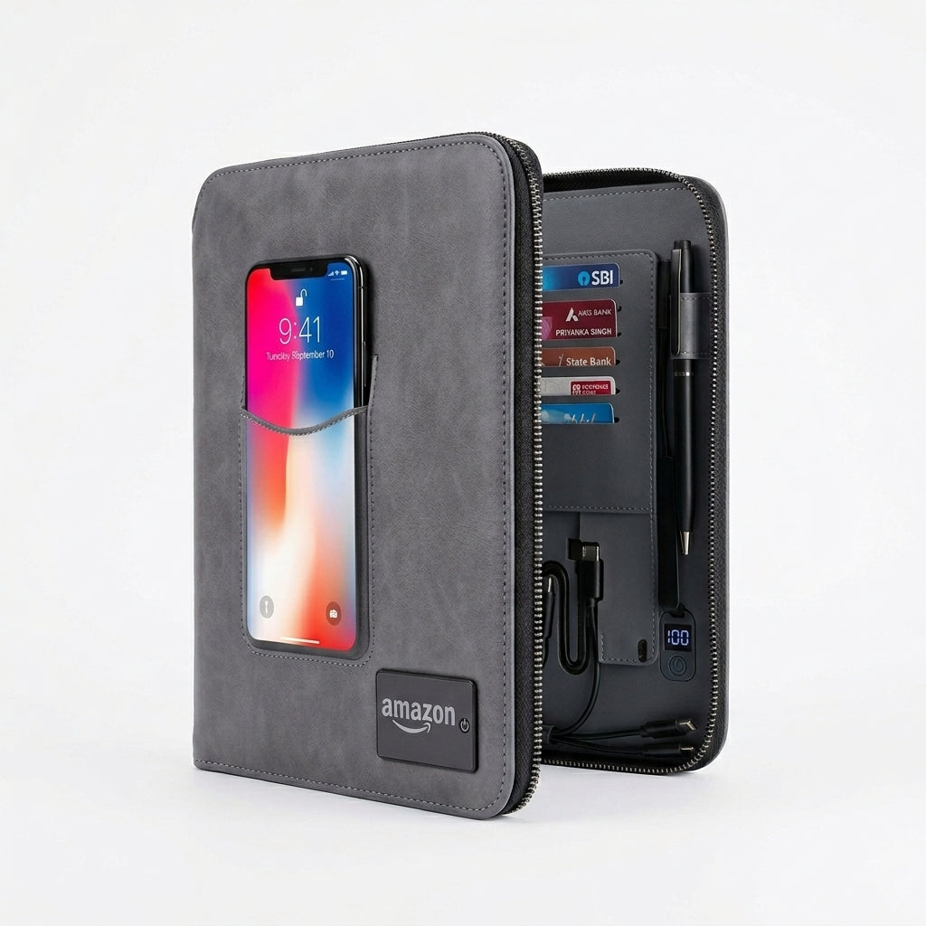 GGP14 - Luxury 10000mAh Wireless Charging Zip Folder with LED Logo Branding