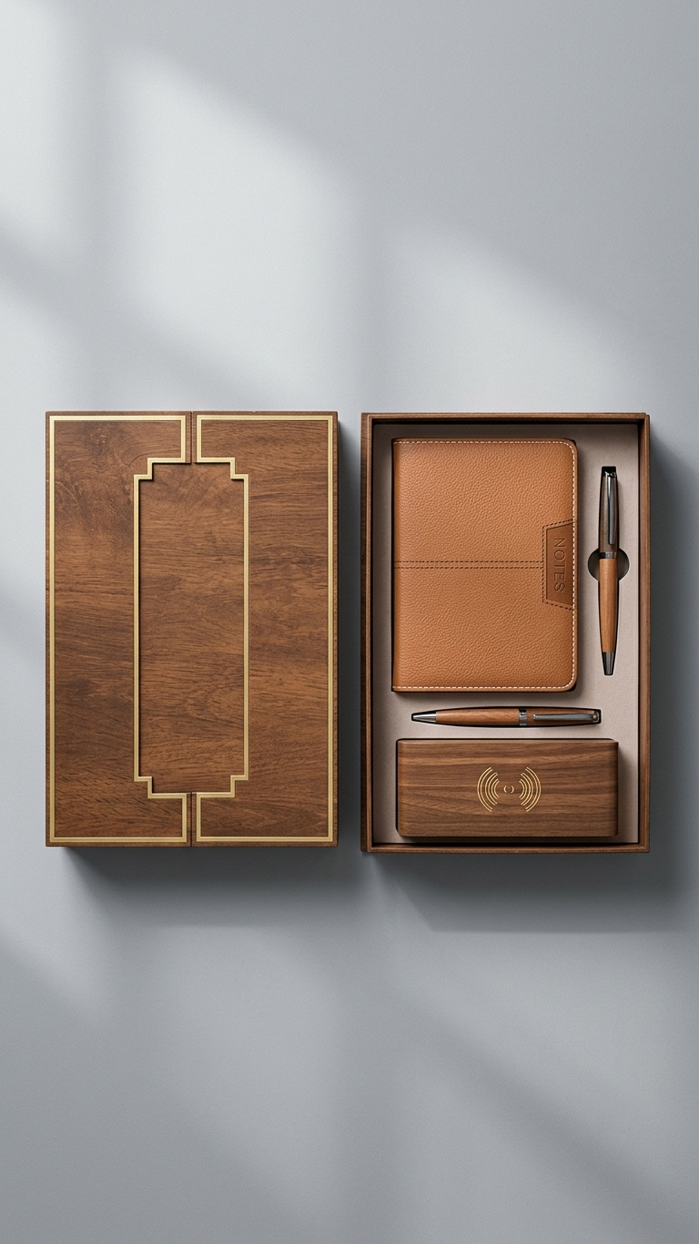 GG915 Executive Notebook, Wooden Table Clock & Pen Gift Set