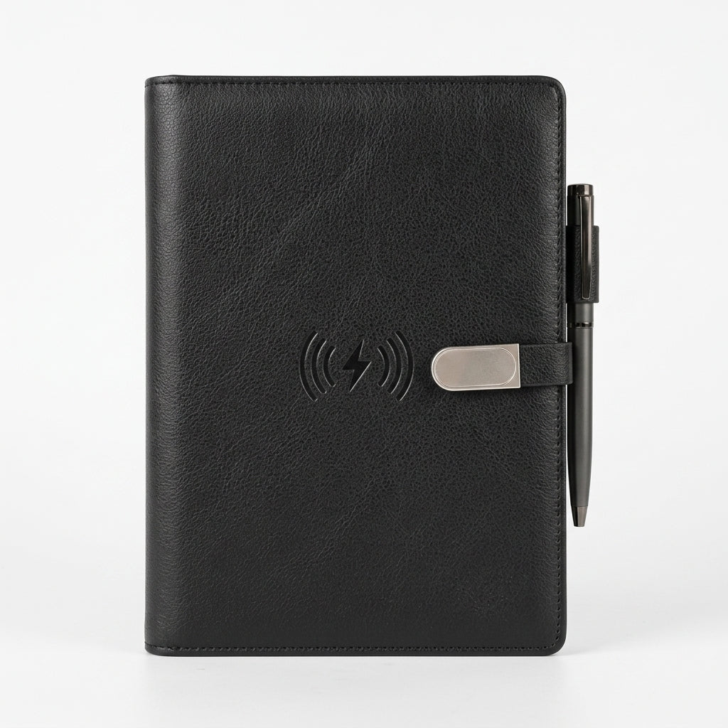 GGP15 - Luxury Black Wireless Charging Notebook Folder with LED Logo Branding