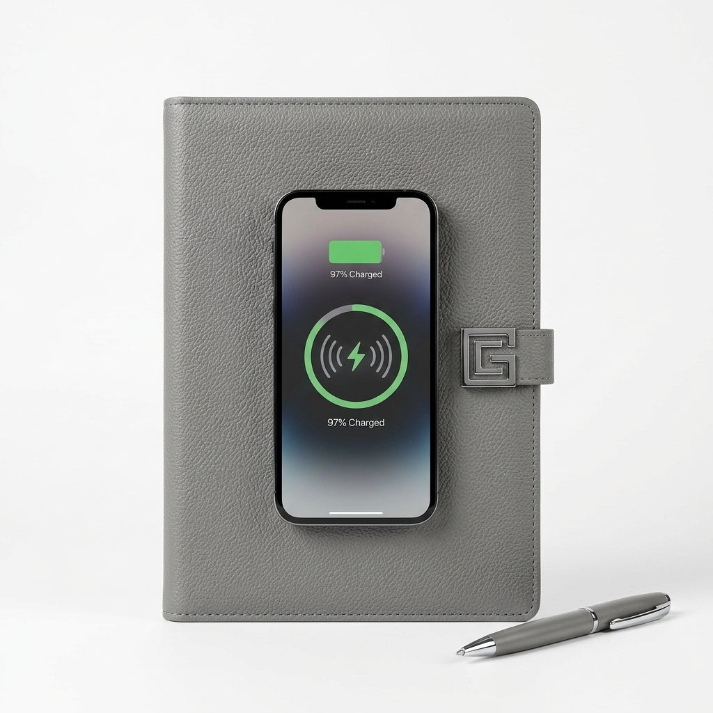 GGP1 - 10000mAh Wireless Charging Power Bank Diary with Phone Stand, Pen & Custom Logo Branding