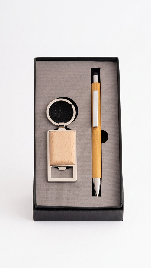 CGS-2503 Premium Wooden Finish Pen & Keychain Corporate Gift Set with Custom Branding
