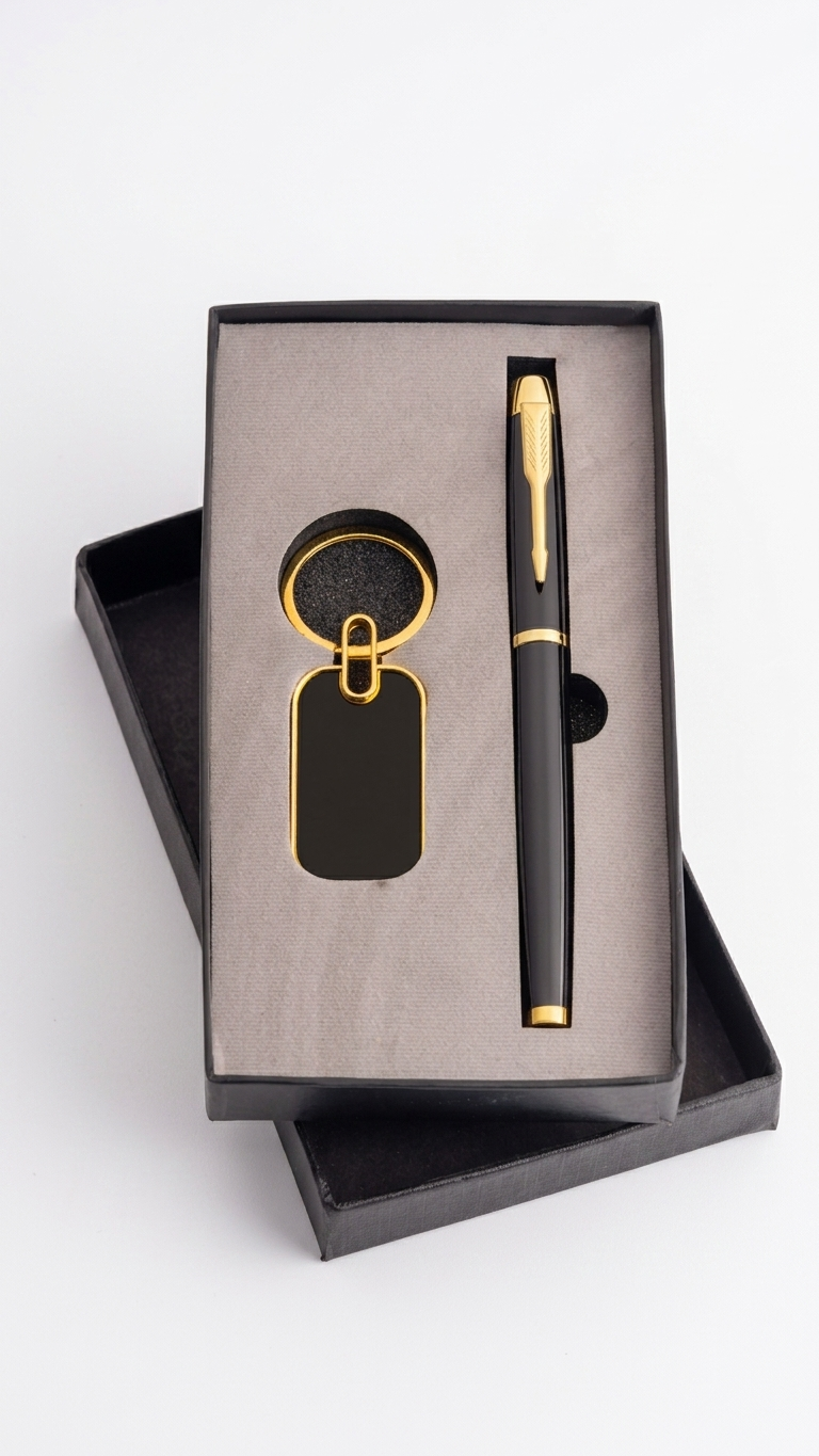 CGS-2505 Black & Gold Premium Pen & Keychain Corporate Gift Set with Custom Branding