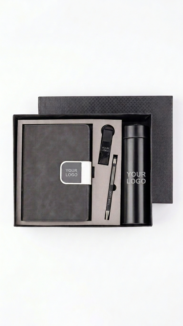 CGS-2526 Premium 4-in-1 Corporate Gift Set (Notebook + Pen + Keychain + Temperature Bottle) with Custom Branding