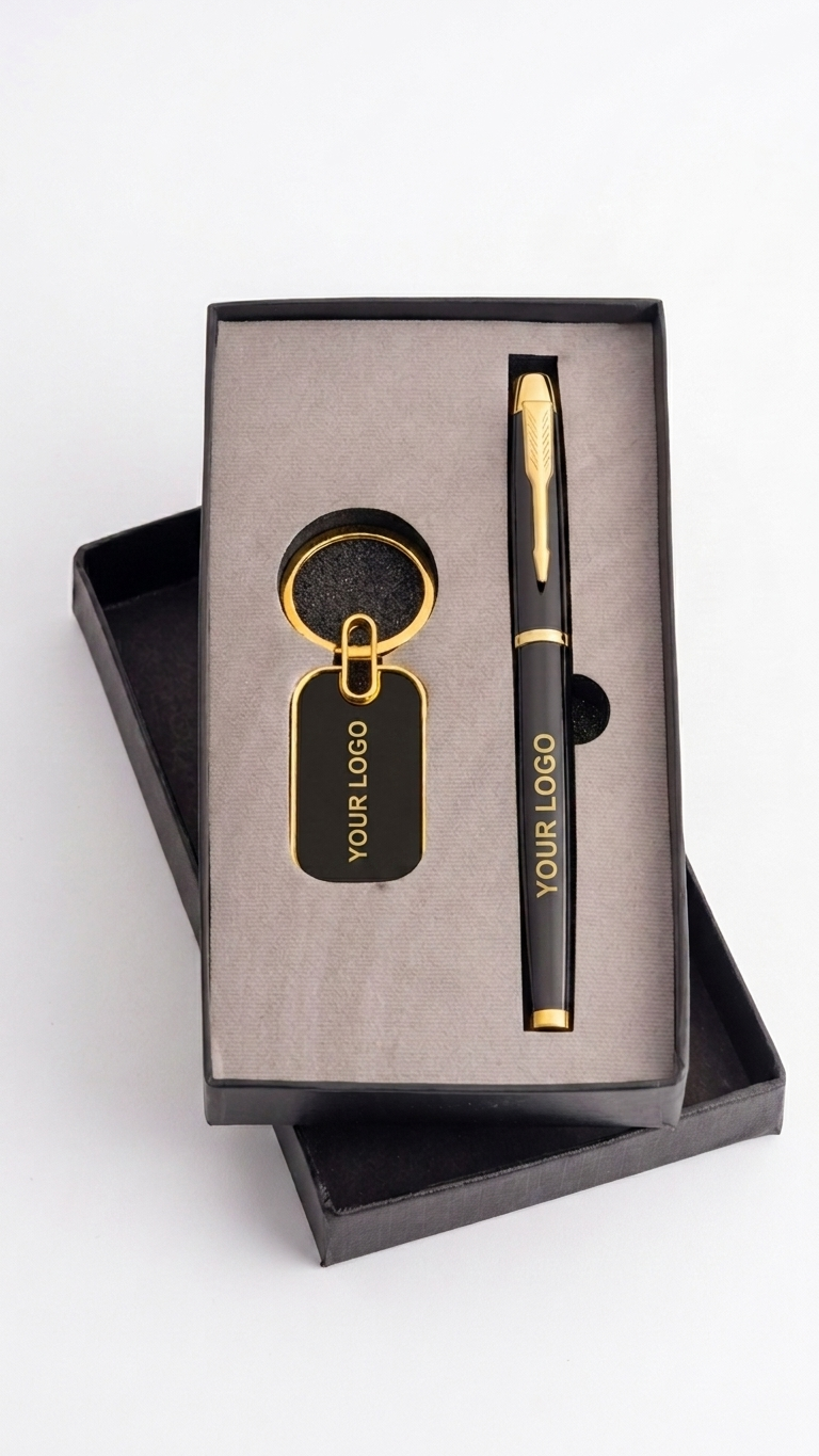 CGS-2505 Black & Gold Premium Pen & Keychain Corporate Gift Set with Custom Branding