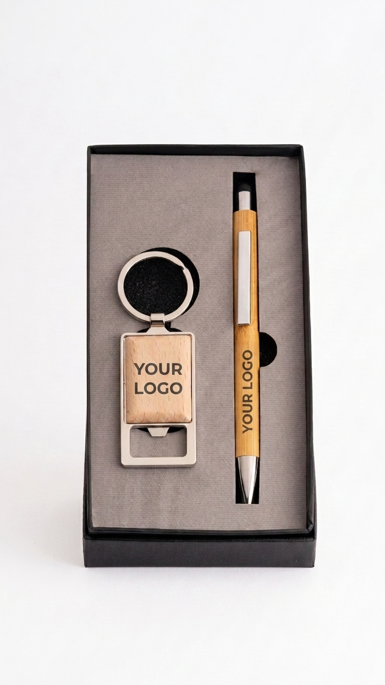 CGS-2503 Premium Wooden Finish Pen & Keychain Corporate Gift Set with Custom Branding