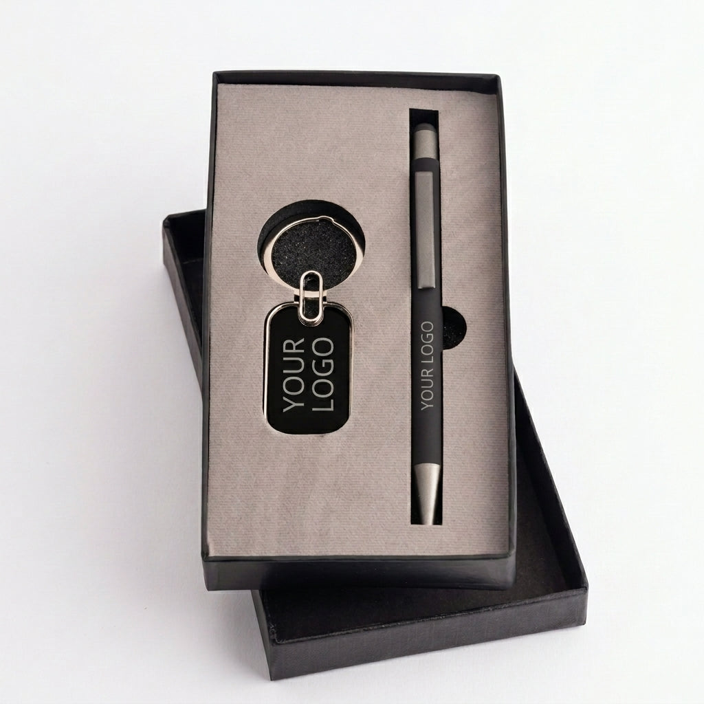 CGS-2501 Premium Black Pen & Keychain Corporate Gift Set with Custom Branding