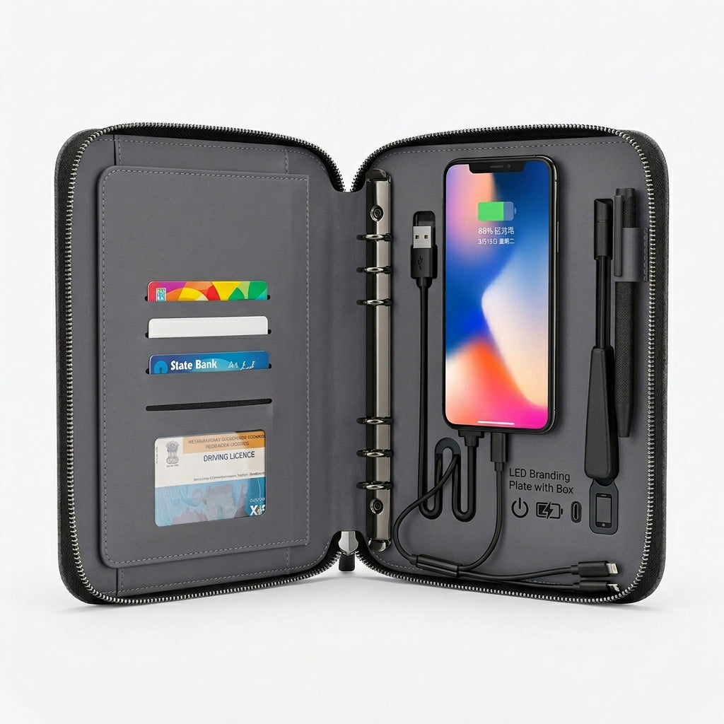 GGP14A - Luxury 10000mAh Wireless Charging Zip Folder with LED Logo Branding