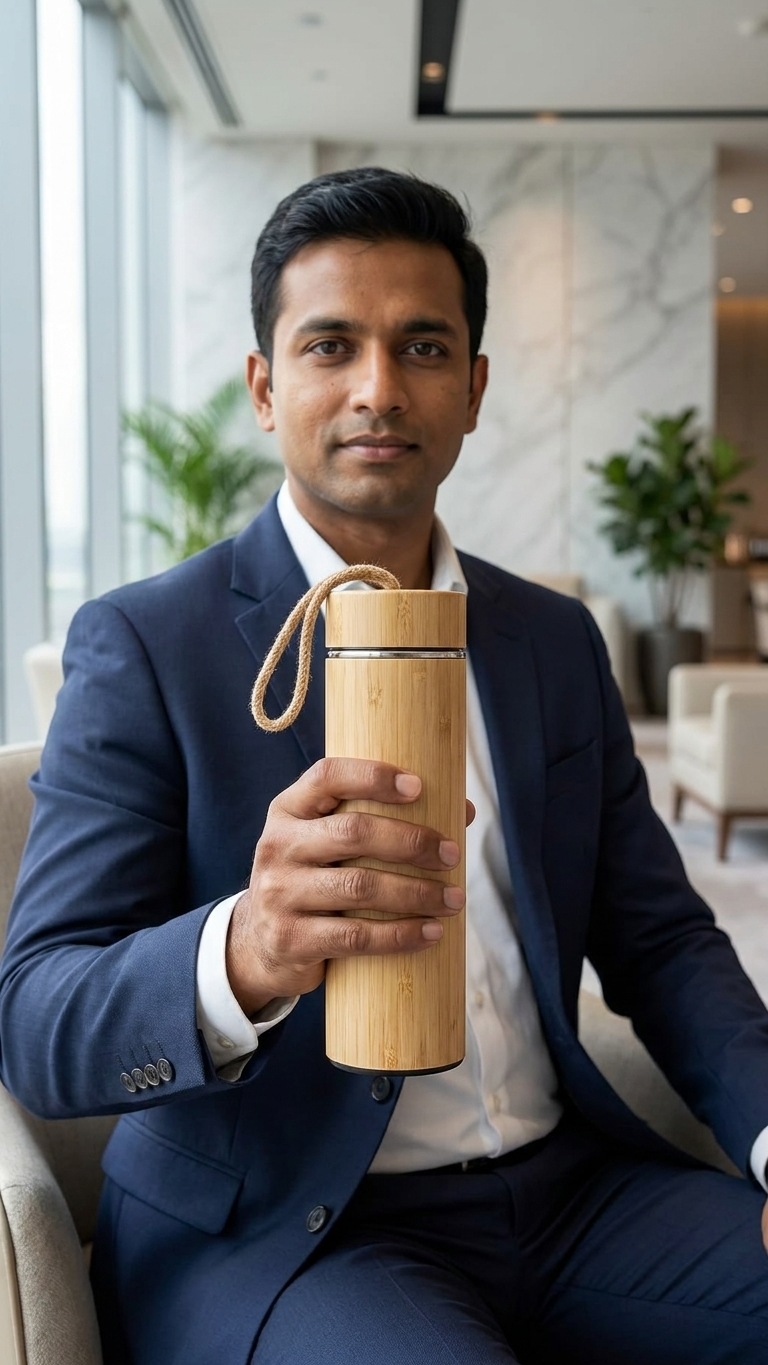 Eco Friendly Bamboo Vacuum Flask Bottle | Sustainable Corporate Gift Water Bottle | Customized Wooden Finish Bottle