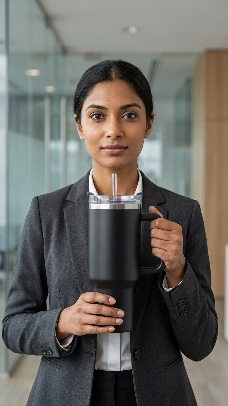 Vacuum Insulated Travel Coffee Mug with Straw & Lid | Customized Corporate Gift Tumbler