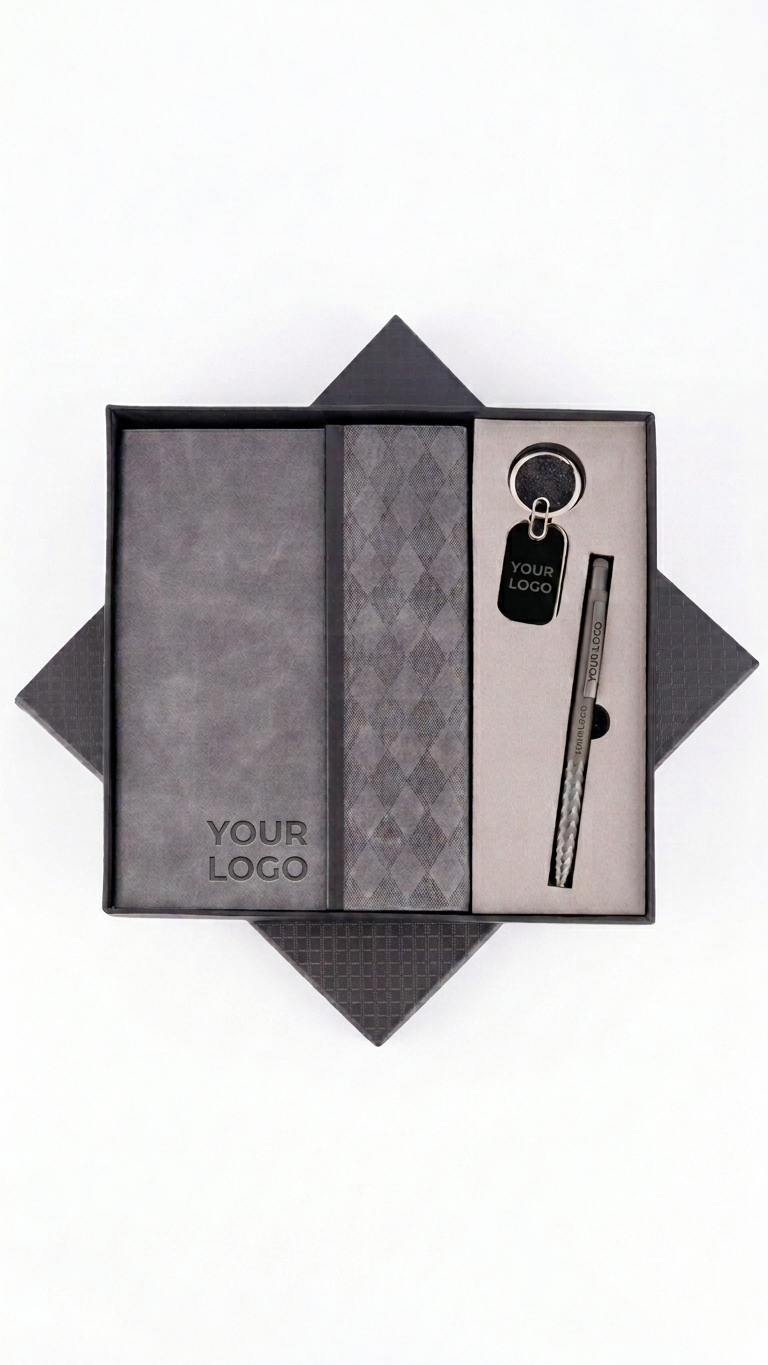 CGS-2523 Premium Grey 3-in-1 Corporate Gift Set (Notebook + Pen + Keychain) with Custom Branding