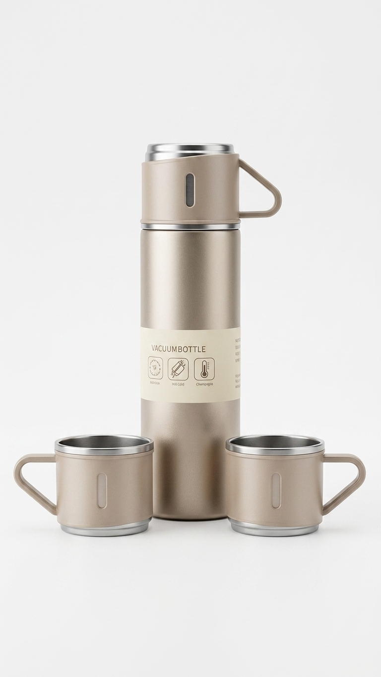 Vacuum Flask Gift Set with 3 Stainless Steel Cups