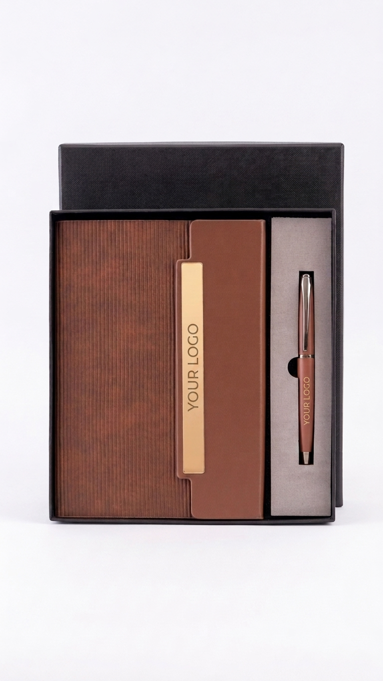 CGS-2518 Premium Tan Notebook & Pen 2-in-1 Corporate Gift Set with Custom Branding