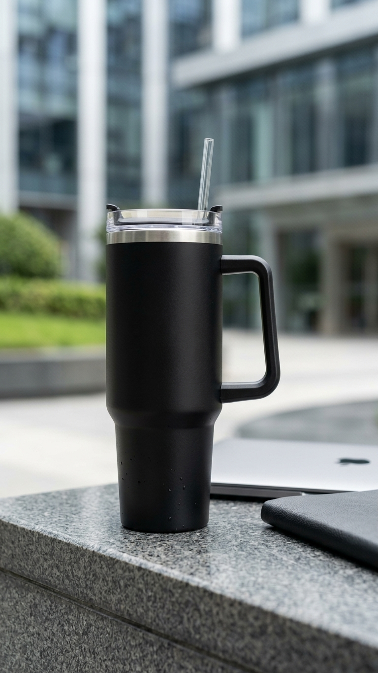 Vacuum Insulated Travel Coffee Mug with Straw & Lid | Customized Corporate Gift Tumbler