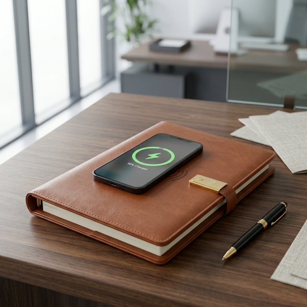 GGP7 - Premium 10000mAh Wireless Charging Notebook Folder with 16GB USB Pen Drive & Phone Stand