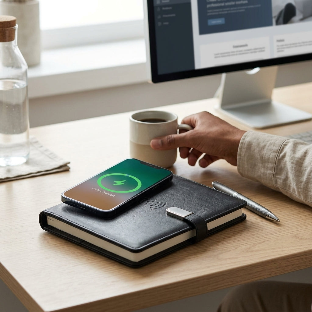 GGP15 - Luxury Black Wireless Charging Notebook Folder with LED Logo Branding