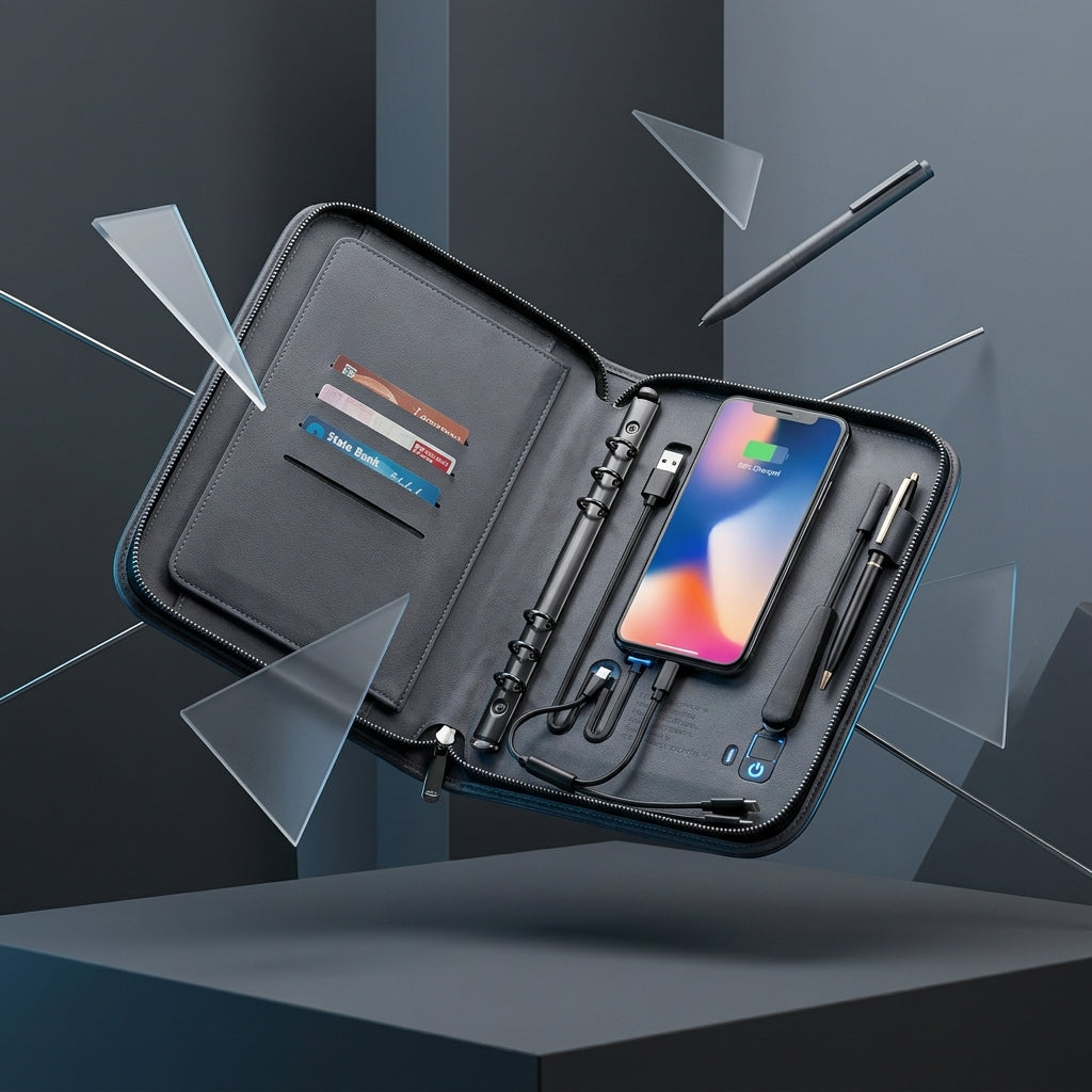 GGP14 - Luxury 10000mAh Wireless Charging Zip Folder with LED Logo Branding