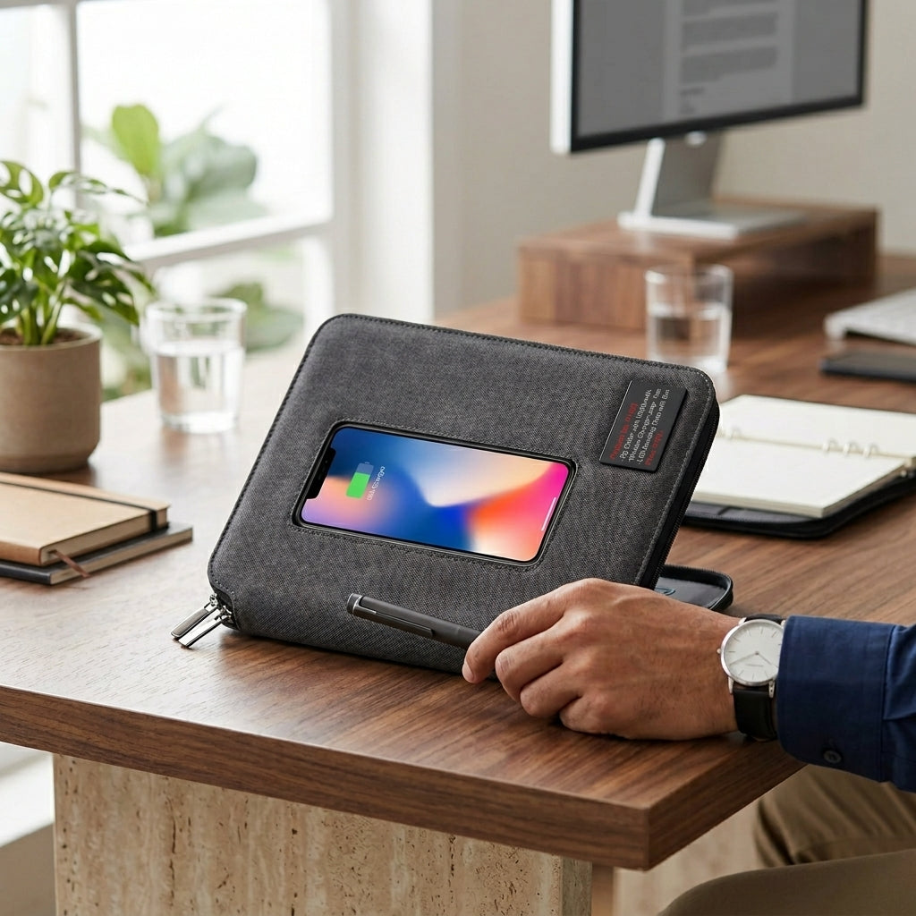 GGP14A - Luxury 10000mAh Wireless Charging Zip Folder with LED Logo Branding