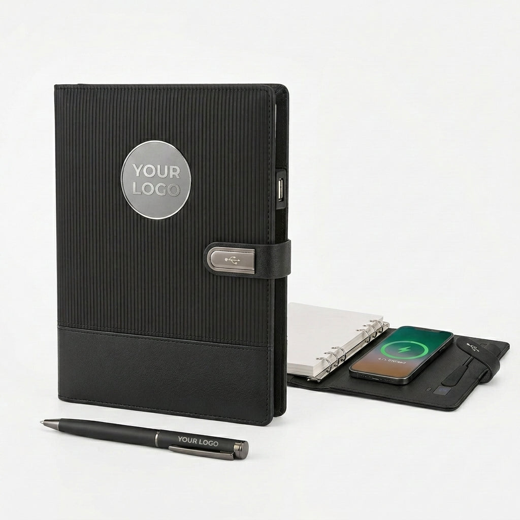 GGP25 - Luxury Executive Tech Folder with 10000mAh Power Bank, LED Logo & 16GB USB Pen Drive