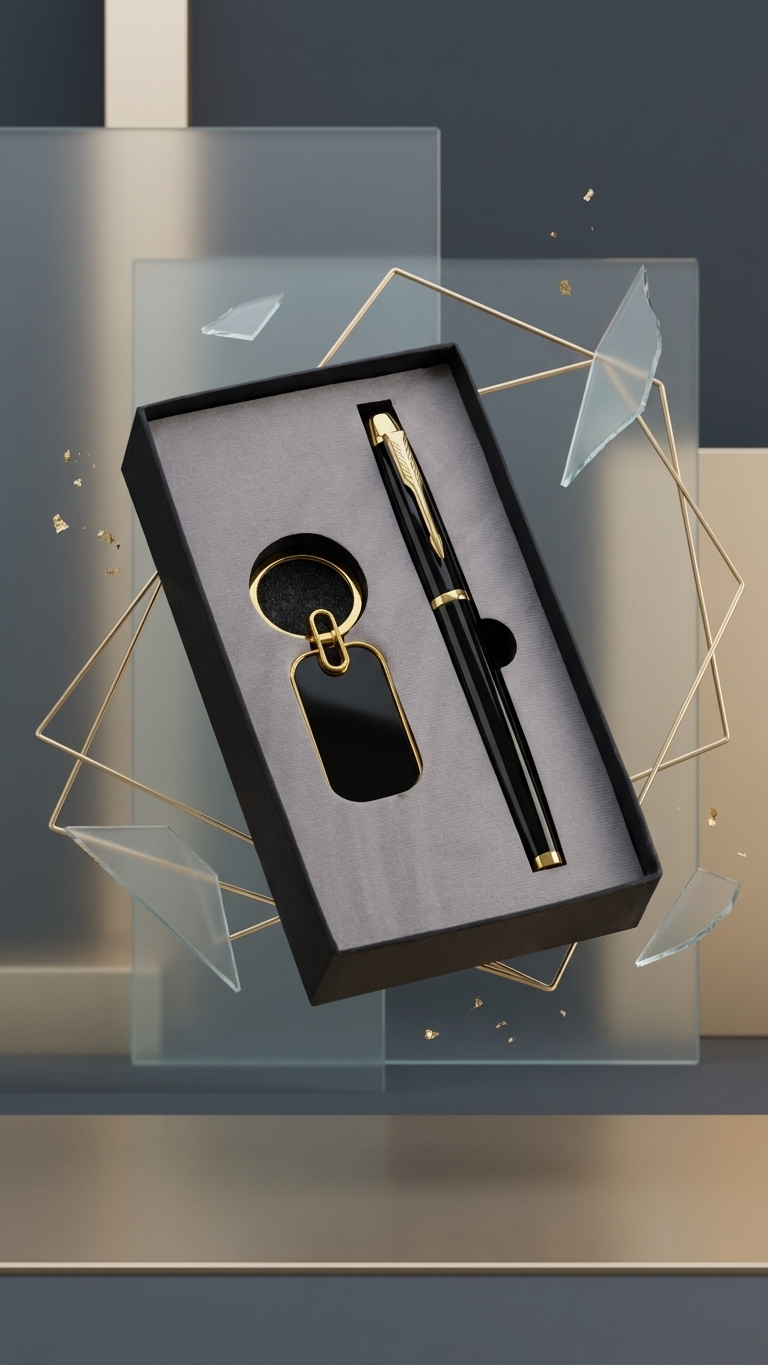 CGS-2505 Black & Gold Premium Pen & Keychain Corporate Gift Set with Custom Branding