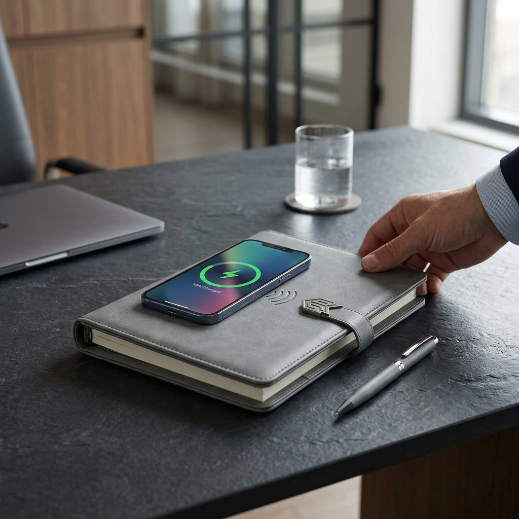 GGP1 - 10000mAh Wireless Charging Power Bank Diary with Phone Stand, Pen & Custom Logo Branding