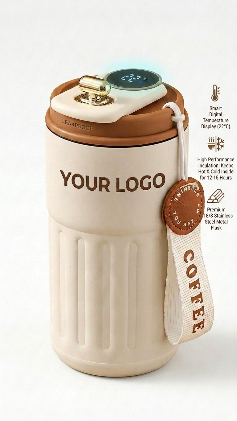 FLASK001 Smart Temperature Display Vacuum Flask with Carry Strap & Custom Branding
