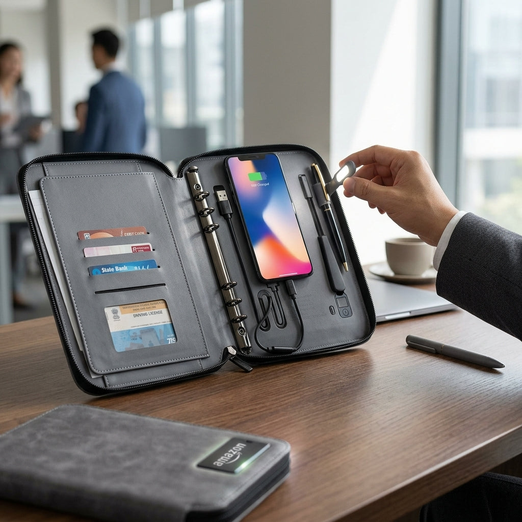 GGP14 - Luxury 10000mAh Wireless Charging Zip Folder with LED Logo Branding