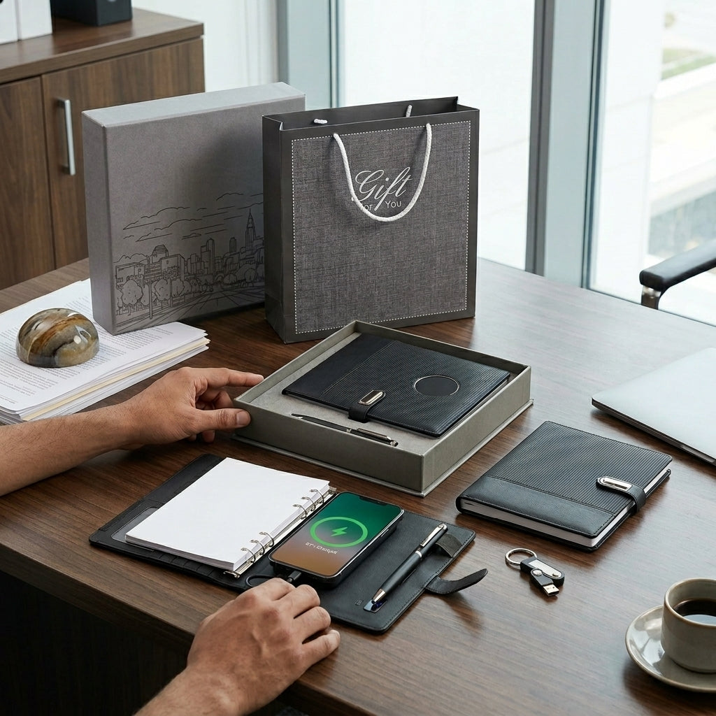 GGP25 - Luxury Executive Tech Folder with 10000mAh Power Bank, LED Logo & 16GB USB Pen Drive