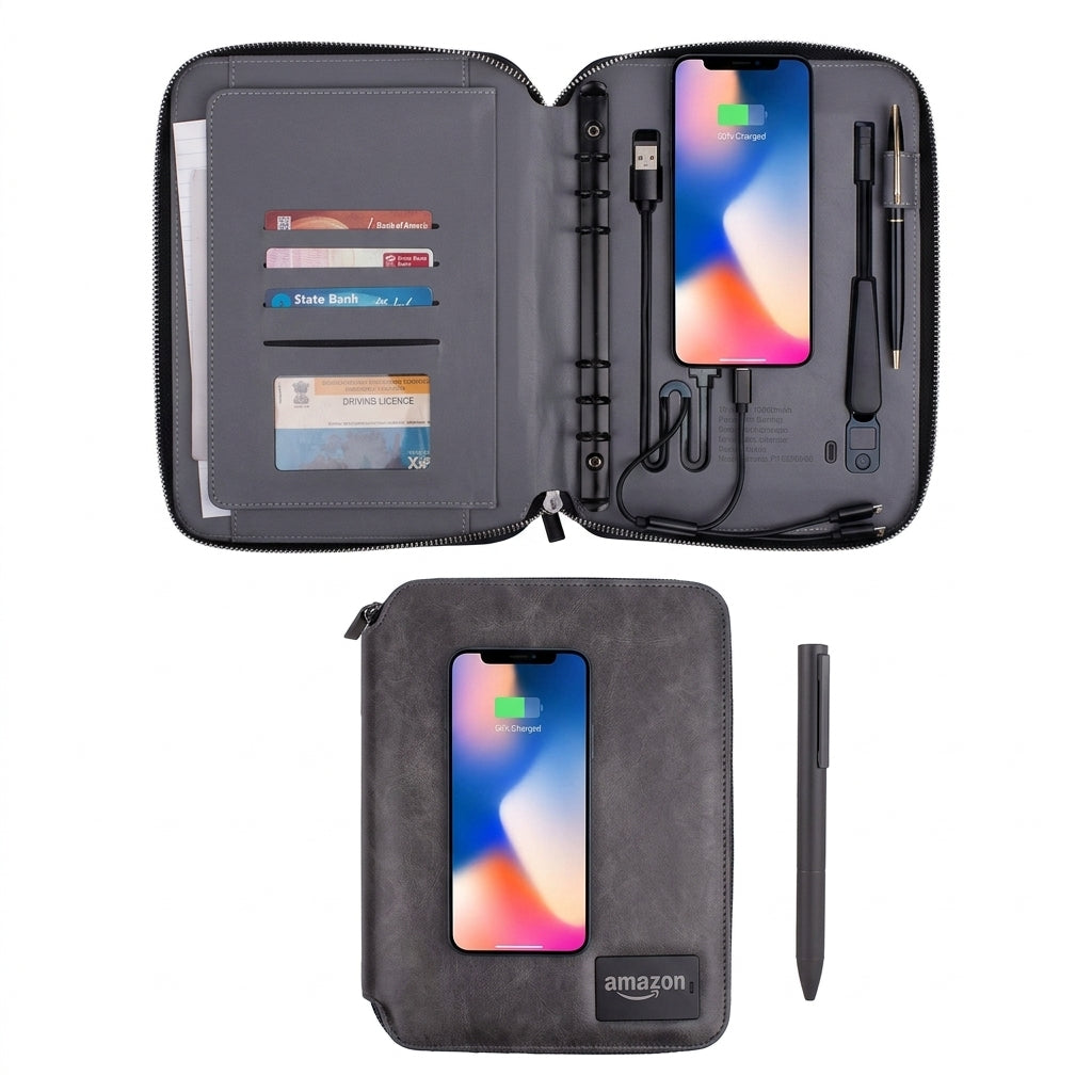 GGP14A - Luxury 10000mAh Wireless Charging Zip Folder with LED Logo Branding