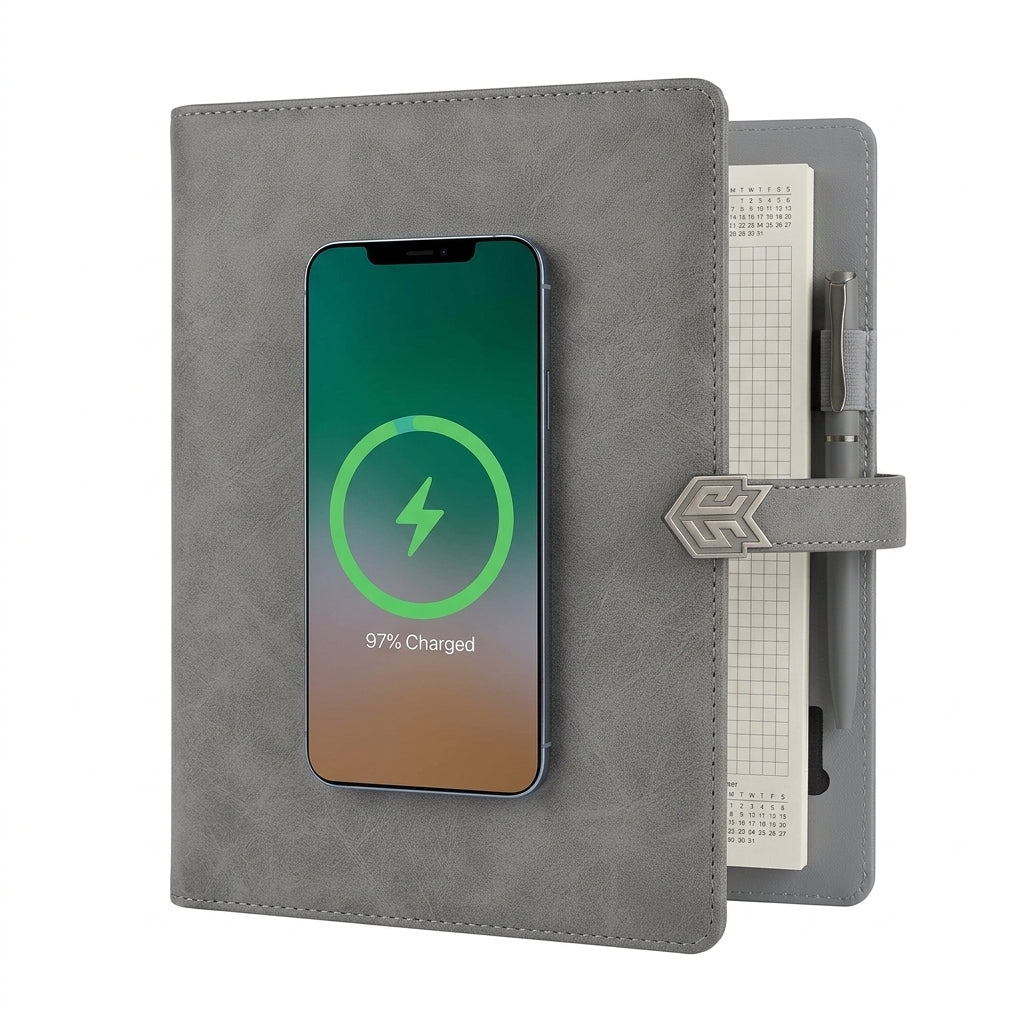 GGP1 - 10000mAh Wireless Charging Power Bank Diary with Phone Stand, Pen & Custom Logo Branding