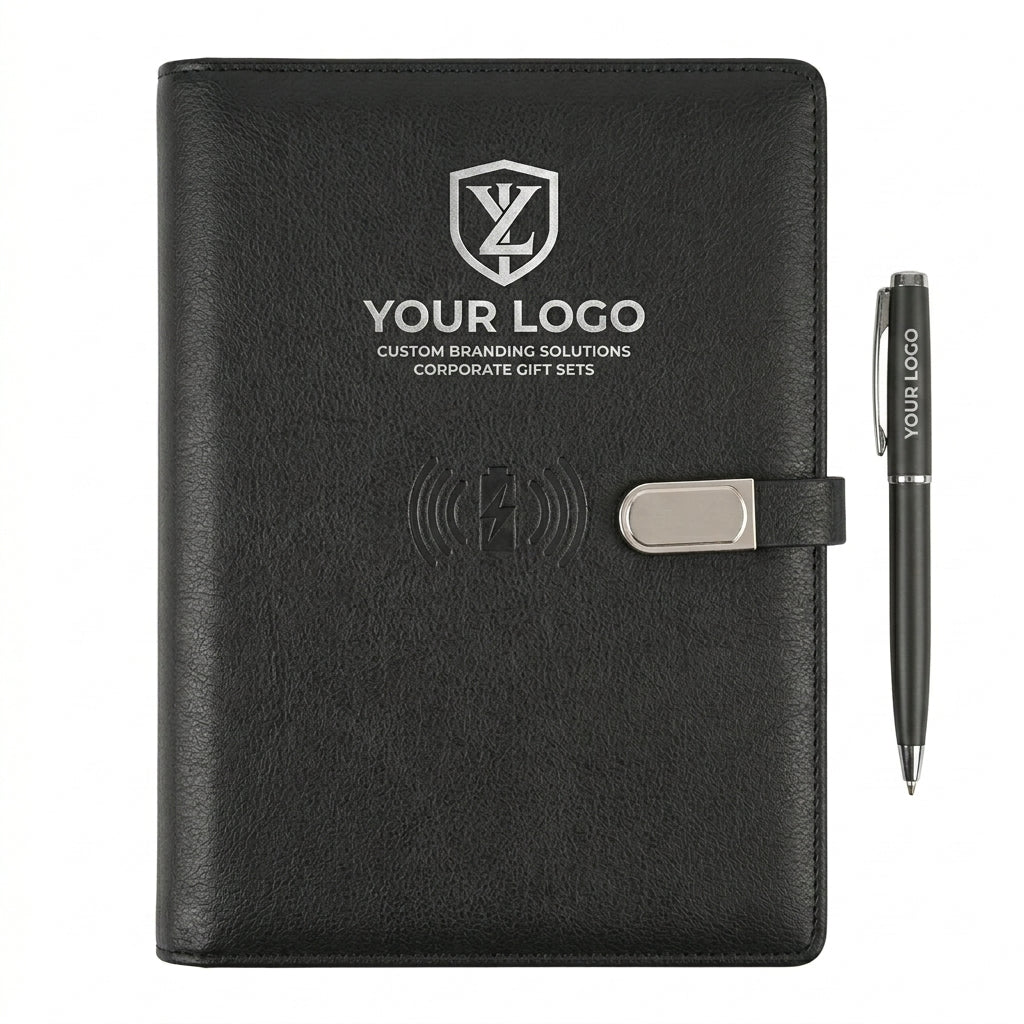 GGP15 - Luxury Black Wireless Charging Notebook Folder with LED Logo Branding