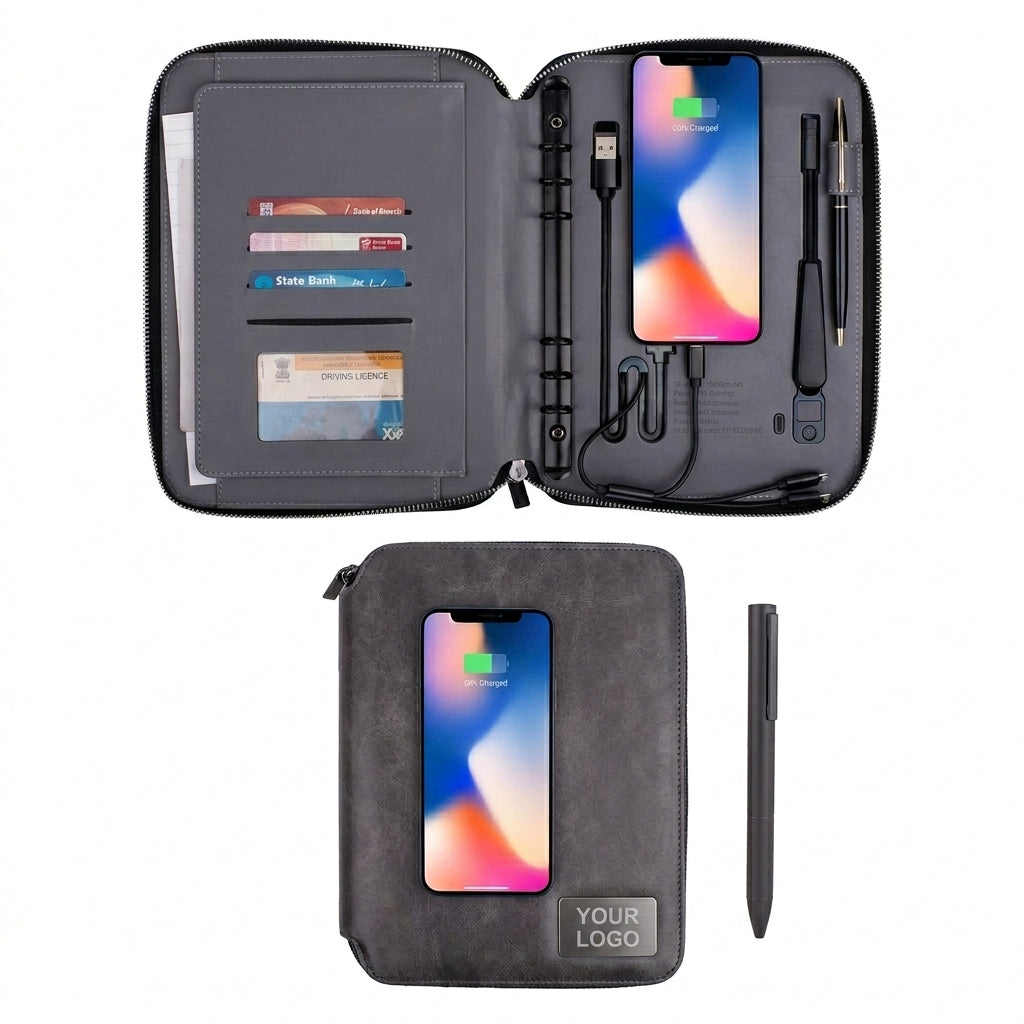 GGP14A - Luxury 10000mAh Wireless Charging Zip Folder with LED Logo Branding