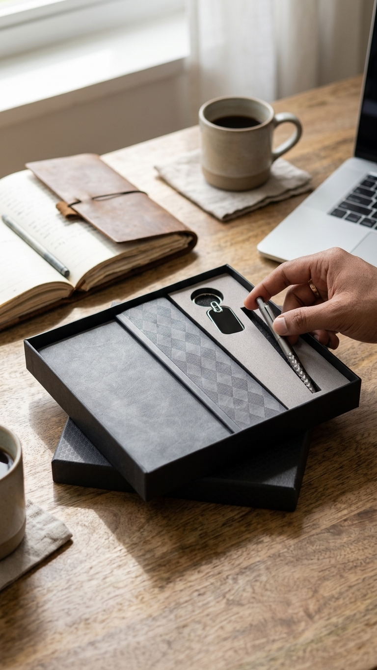 CGS-2523 Premium Grey 3-in-1 Corporate Gift Set (Notebook + Pen + Keychain) with Custom Branding